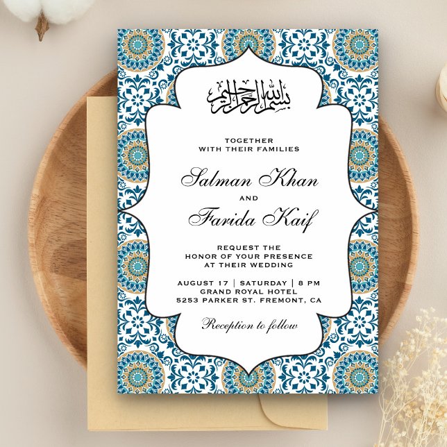 Convites Elegante Mosaico Persa Azul Islâmico Casamento Muç (Criador carregado)