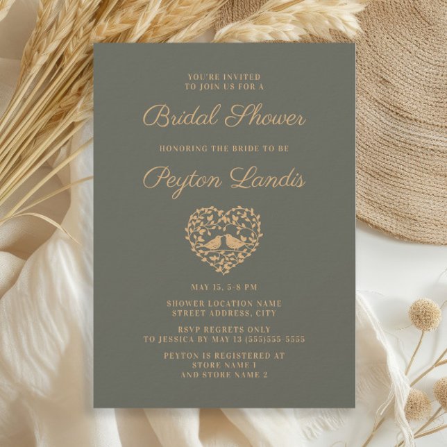 Convites Elegante Na moda Rust Moss Green Autumn Bridal Inv (Elegant olive/sage green and terracotta gold Love Birds bridal shower invitation)