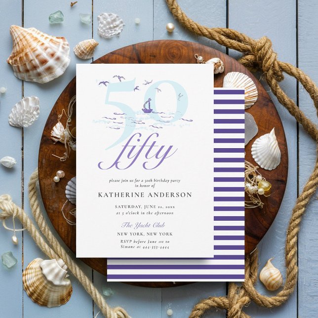 Convites Elegante Náutico Stripes Boat Ocean 50º Aniversári (nautical boat ocean birds 50th birthday invitation elegant modern classy simple)