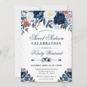 Convites Elegante Navy e Azul Claro Floral Sweet Sixteen