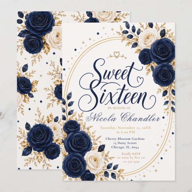 Convites Elegante Navy Sweet 16 (Frente/Verso)