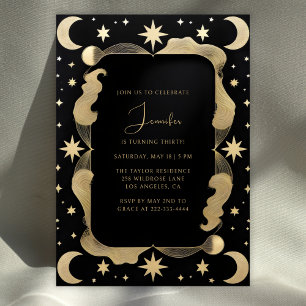 Convites Elegante negro celestial e estrelas Douradas anive