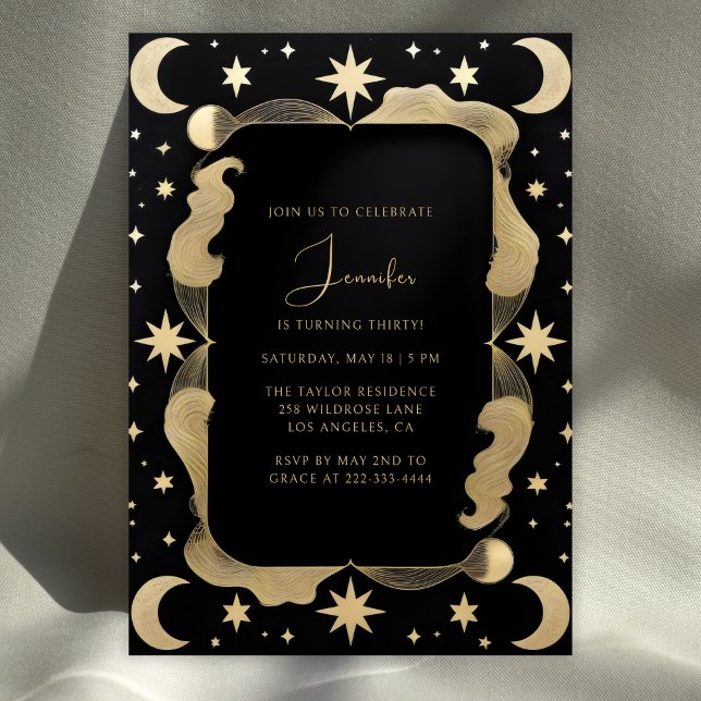 Convites Elegante negro celestial e estrelas Douradas anive (Elegant Celestial 30th Birthday Invitation Black & Gold Stars and Moon Party Invite)