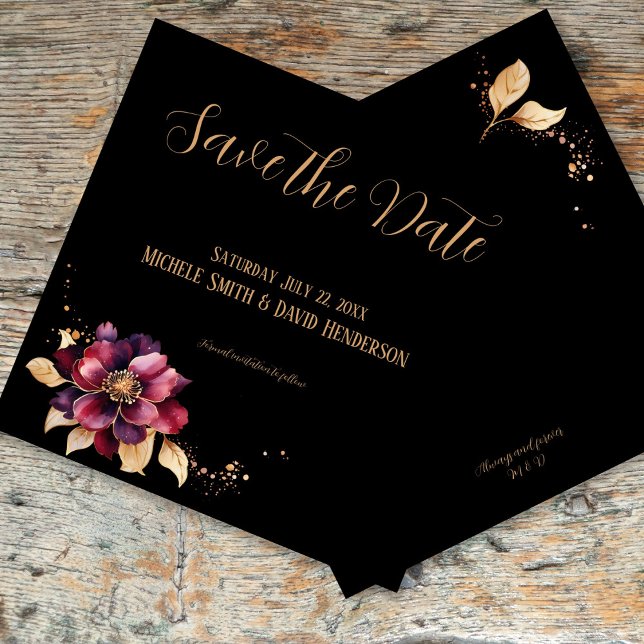 Convites Elegante negro de burgundy dourada do lado Salve a (Elegant black gold burgundy front/back Save the Date Invitation - double sided)