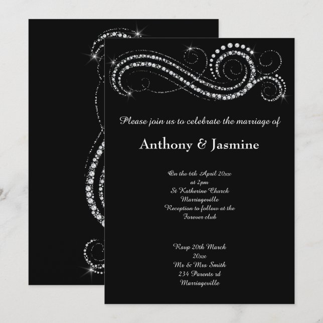 CONVITES ELEGANTE NEGRO DIAMOND SWIRL WEDDING (Frente/Verso)