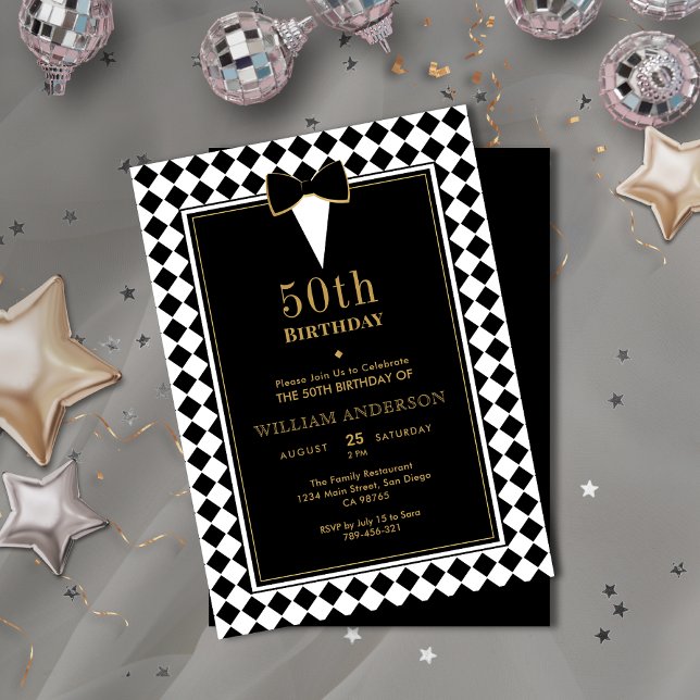 Convites Elegante negro e Dourada idade do marco Tuxedo Ani (Elegant Black & Gold Milestone Age Tuxedo Birthday Invitation)