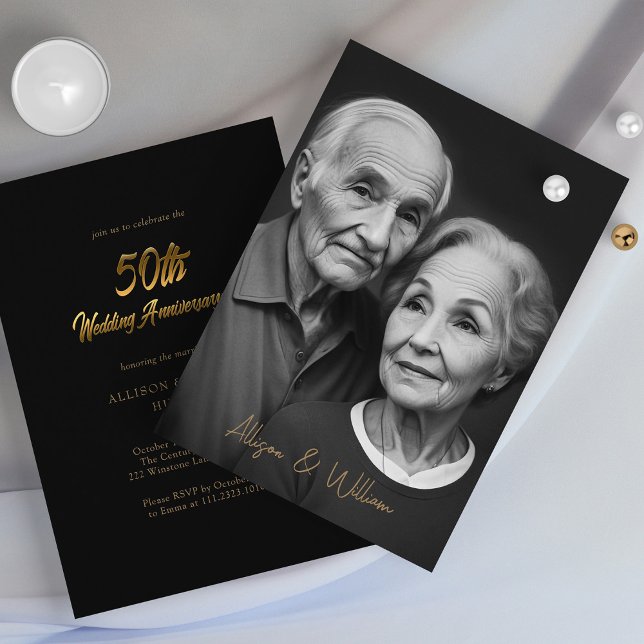 Convites Elegante Negro e Dourado: 50º Aniversário de Casam (Elegant Black and Gold 50th Wedding Anniversary Invitation)