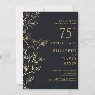 Convites Elegante Negro e Dourado 75º Aniversário de Casame