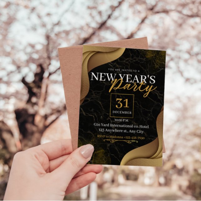 CONVITES ELEGANTE NEGRO E DOURADO FESTA PERSONALIZADA DO AN (Elegant gold and black new year party invitations)