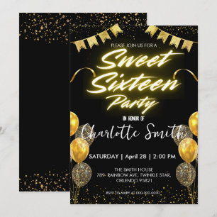 Convites Elegante neon Dourado Balloo retro Doce 16.º Anive