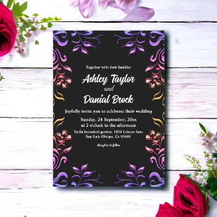 Convites Elegante Neon Lights Rosa Casamento Floral Negro
