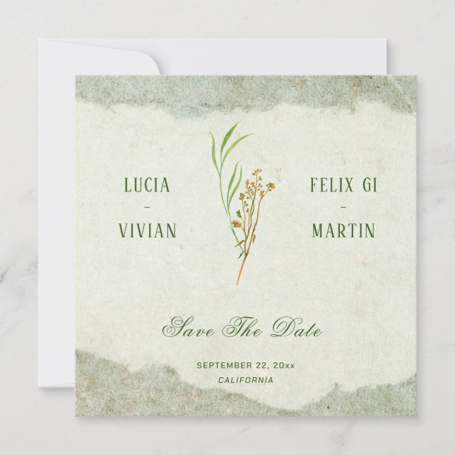 Convites Elegante Neutral Vintage Green Rustic Salvar Data (Frente)