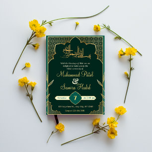 Convites Elegante Nikah Islâmico – DESIGN Verde & Dourado