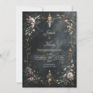 Convites Elegante Noite de Casamento Floral Azul Naval Dour