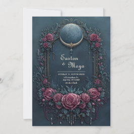 Convites Elegante Noite de Casamento Floral Burgundy Azul-M