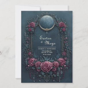 Convites Elegante Noite de Casamento Floral Burgundy Azul-M