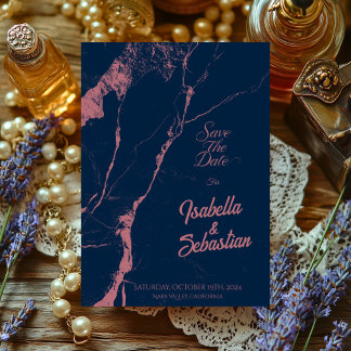 Convites Elegante Noiva Azul-Marinho e Mármore Rosa Save th