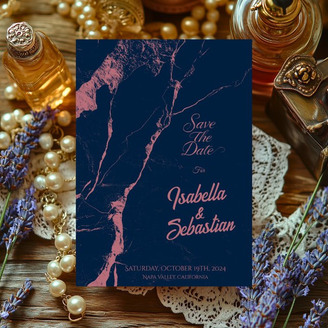 Convites Elegante Noiva Azul-Marinho e Mármore Rosa Save th (Criador carregado)