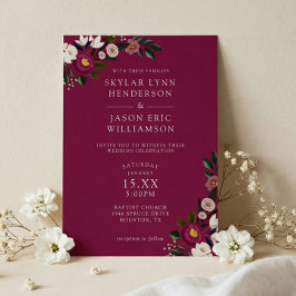 Convites Elegante Noiva Burgundy Floral Aquarela Casamento