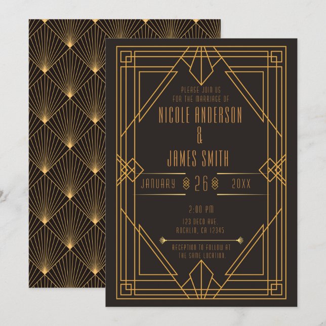 Convites Elegante Noiva Casamento Arte Deco Preto Dourado (Frente/Verso)