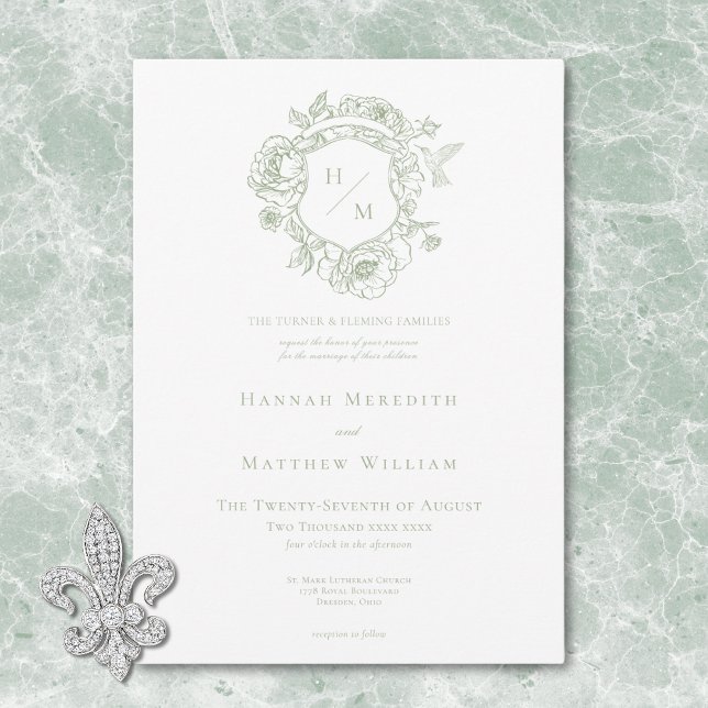Convites Elegante Noiva com Crista e Pássaro em Chinoiserie (Elegant Green Chinoiserie Bird & Crest Wedding Invitation)
