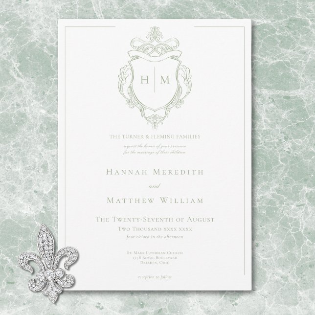 Convites Elegante Noiva com Crista e Pássaro em Chinoiserie (Elegant Green Chinoiserie Bird & Crest Wedding Invitation)
