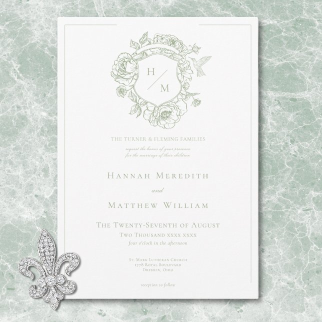 Convites Elegante Noiva com Crista e Pássaro em Chinoiserie (Elegant Green Chinoiserie Bird & Crest Wedding Invitation)