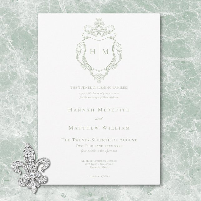 Convites Elegante Noiva com Crista e Pássaro em Chinoiserie (Elegant Green Chinoiserie Bird & Crest Wedding Invitation)