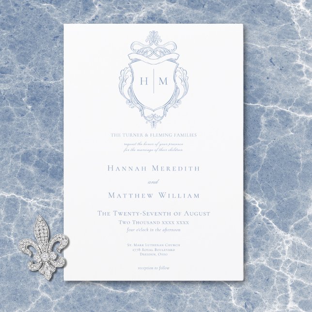 Convites Elegante Noiva com Pássaro e Brasão em Azul Chines (Elegant Blue Chinoiserie Bird & Crest Wedding Invitation)