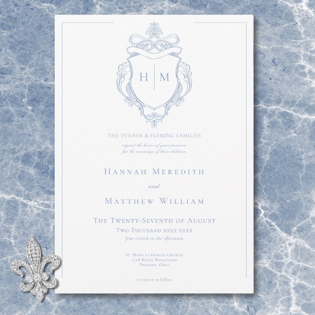 Convites Elegante Noiva com Pássaro e Brasão em Azul Chines (Elegant Blue Chinoiserie Bird & Crest Wedding Invitation)