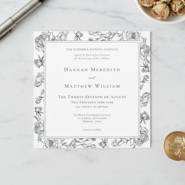 Convites Elegante Noiva com Pássaro e Brasão em Chinoiserie (Elegant Black Chinoiserie Bird & Crest Wedding Invitation)
