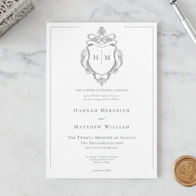 Convites Elegante Noiva com Pássaro e Brasão em Chinoiserie (Elegant Black Chinoiserie Bird & Crest Wedding Invitation)