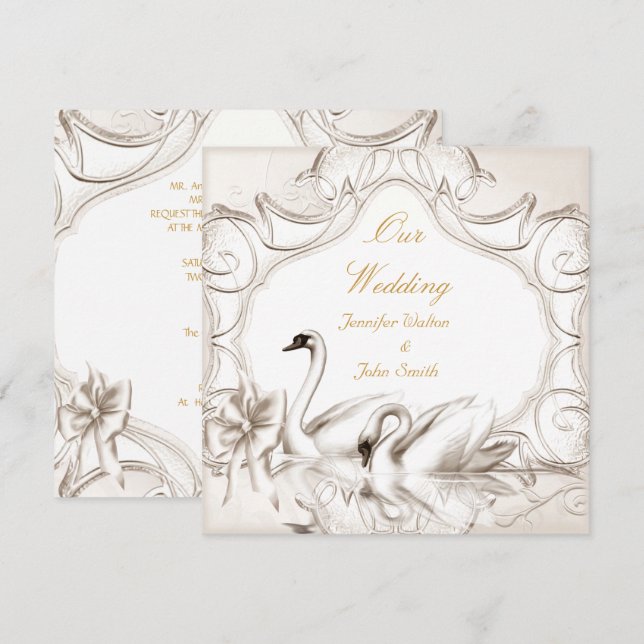Convites Elegante Noiva Creme Cisnes Branco Arco (Frente/Verso)