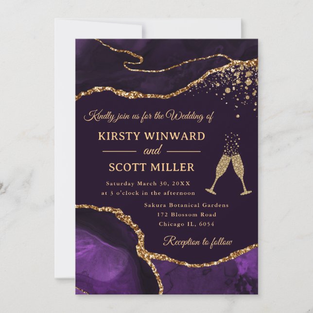 Convites Elegante Noiva de Ágata com Brilho Roxo e Dourado (Frente)
