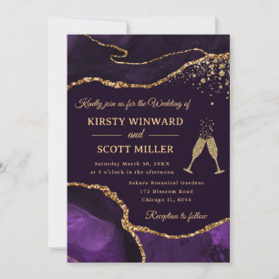 Convites Elegante Noiva de Ágata com Brilho Roxo e Dourado