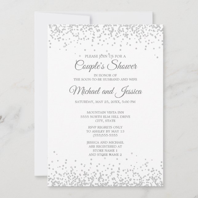 Convites Elegante Noiva de Casal Brilho Prata Branco (Frente)