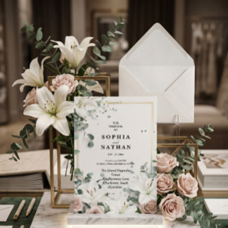 Convites Elegante Noiva Floral de Lírio Branco & Eucalipto