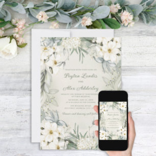Convites Elegante Noiva Floral Folhas Verde Sage Casamento
