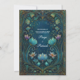 Convites Elegante Noiva Floral Lotus Ciano Art Nouveau