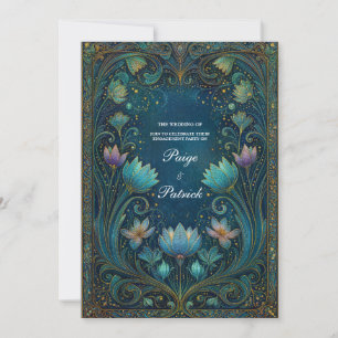 Convites Elegante Noiva Floral Lotus Ciano Art Nouveau