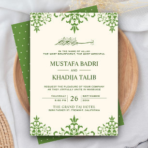 Convites Elegante Noiva Islâmica em Creme e Verde Damasco
