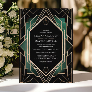 Convites Elegante Noivado Art Déco Preto e Dourado Esmerald
