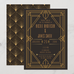 Convites Elegante Noivado Casamento Art Déco Dourado Preto