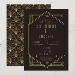 Convites Elegante Noivado Casamento Art Déco Dourado Preto