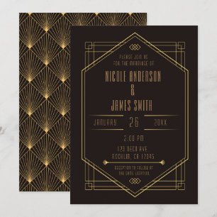 Convites Elegante Noivado Casamento Art Déco Dourado Preto