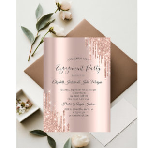 Convites Elegante Noivado com Glitter Drips em Ouro Rosa