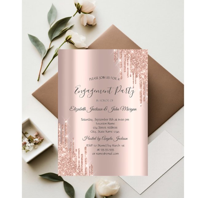 Convites Elegante Noivado com Glitter Drips em Ouro Rosa (Criador carregado)