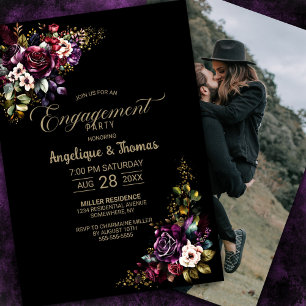Convites Elegante Noivado Floral Borgonha Preto