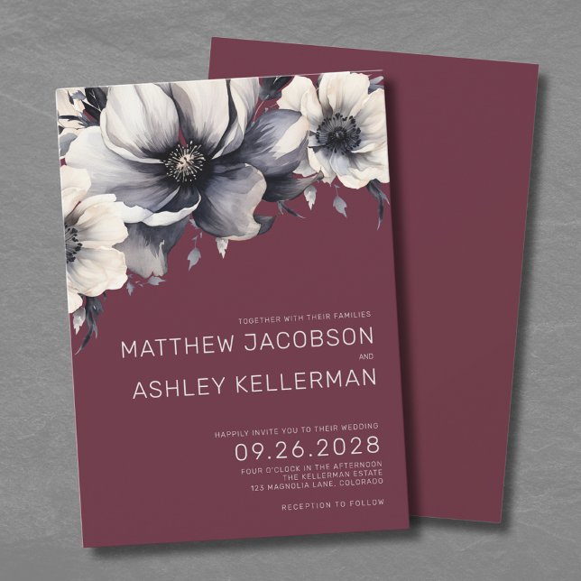 Convites Elegante Noivado Floral Vermelho Borgonha (Modern Elegant Burgundy Red Floral Wedding Invitation)