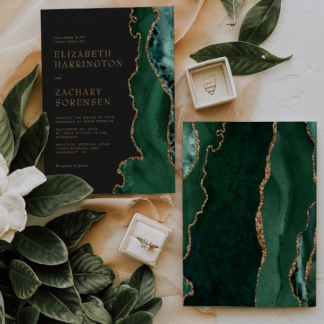 Convites Elegante Noivado Ouro Ágata Esmeralda Verde (Criador carregado)